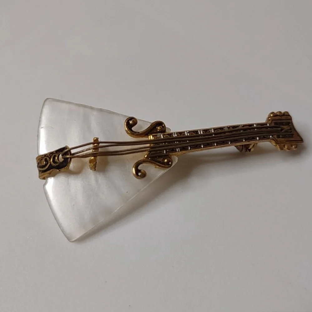Vintage Spain Signed Intricate Guitar Brooch